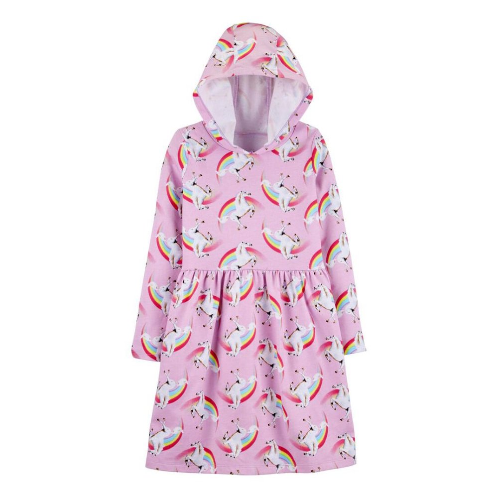 Carter's Girl's Hooded Unicorn Rainbow Print French Terry Cotton Pink Dress Si…